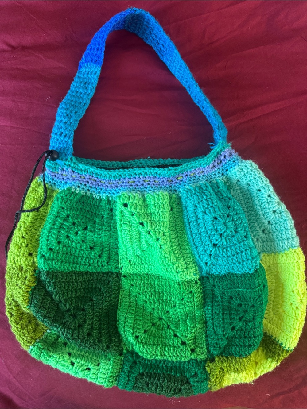 Handmade Crochet Patchwork Tote Bag in Green and Blue